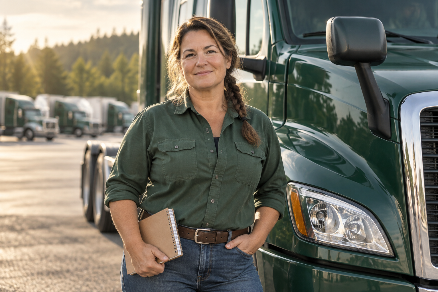 A professional female truck driver beside a green truck