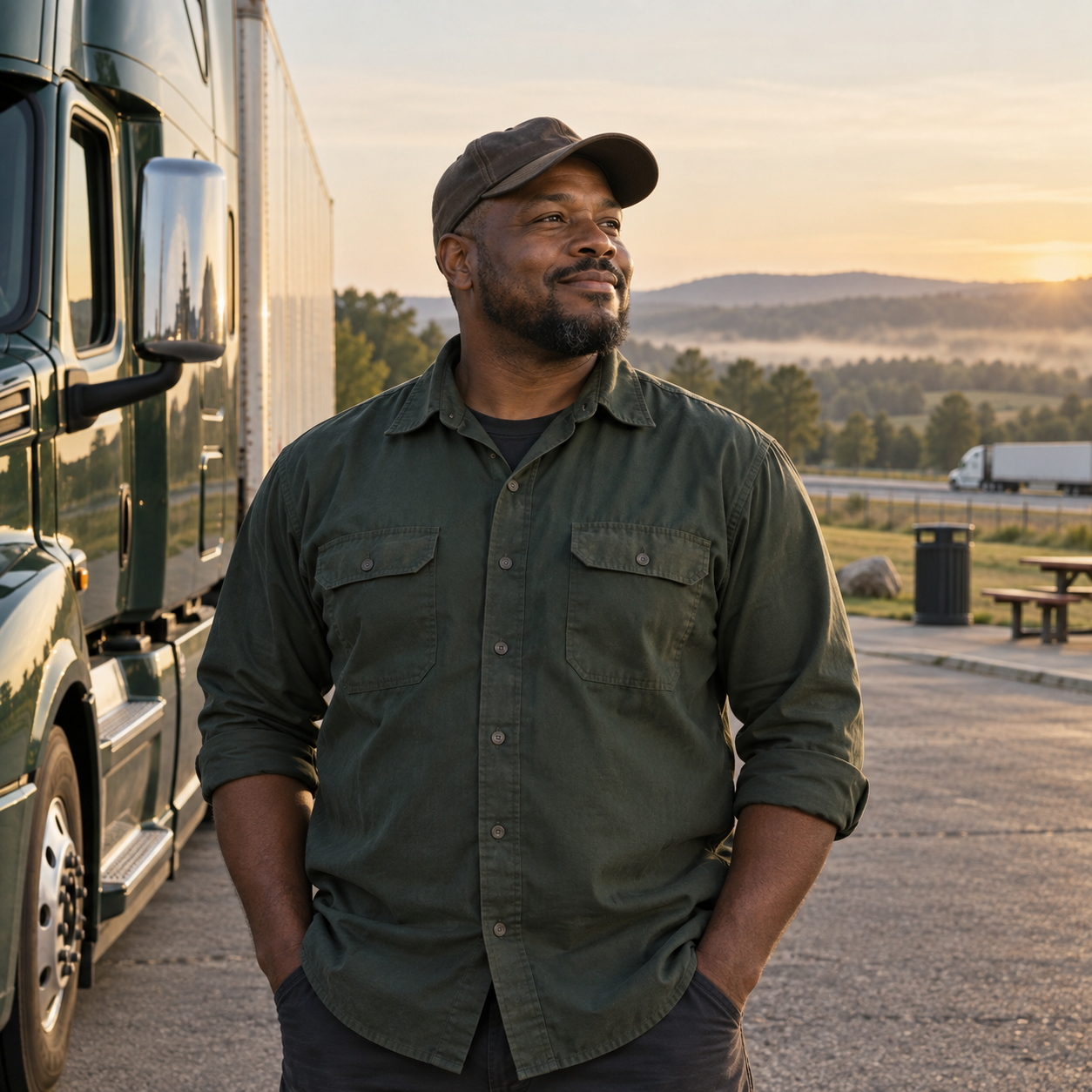 Illustrative portrait of a CDL driver beside his truck at a countryside rest stop
