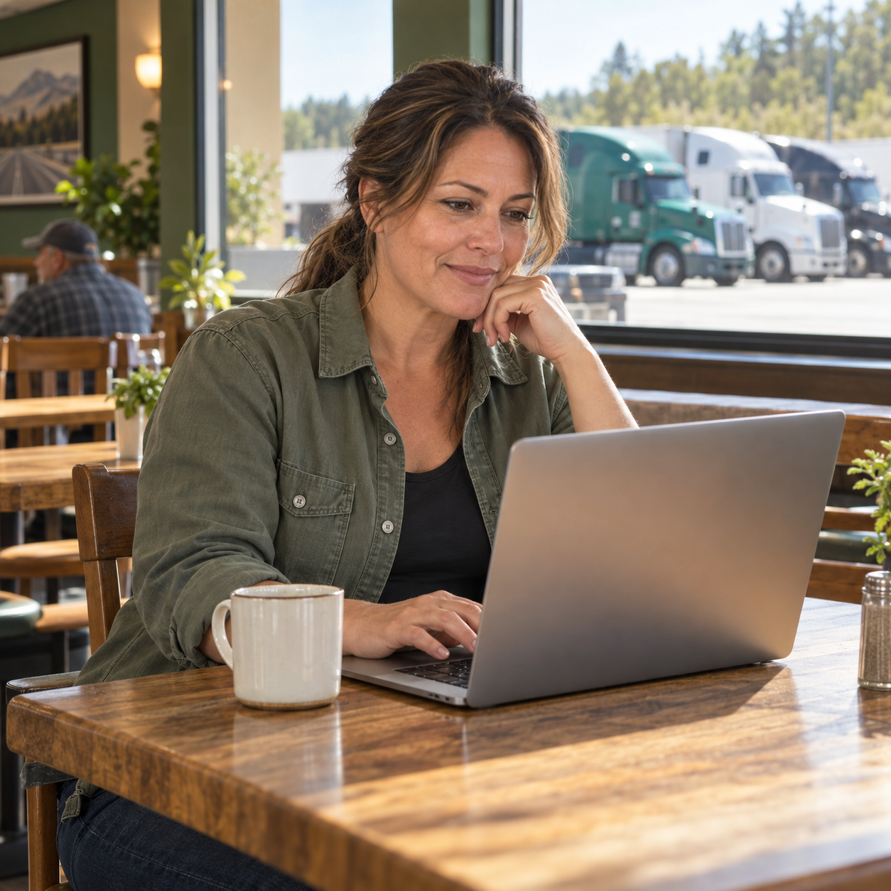 Illustrative scene of a truck driver exploring career opportunities on a laptop during a break