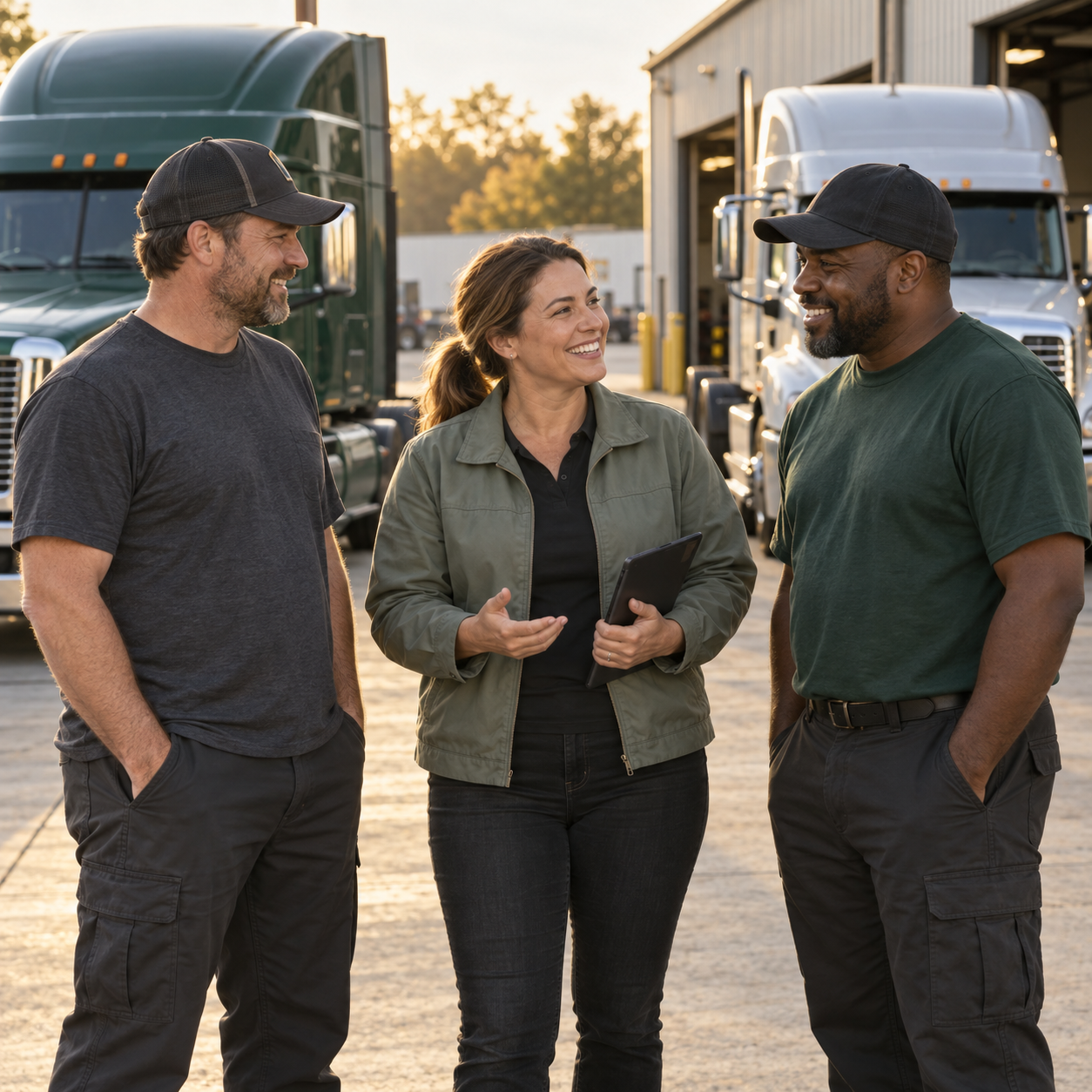 Illustrative scene of a fleet operations lead and two drivers at their depot